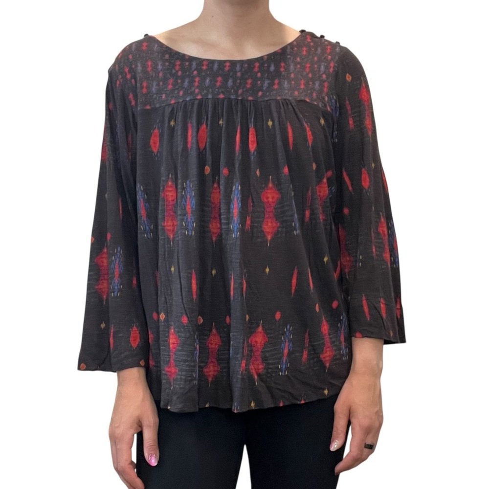 Lucky Brand 3/4 Sleeve A-Line Geometric Pattern Multicolored Top Blouse Large
